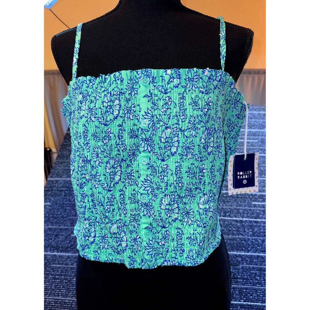 Roller Rabbit Tank Top Womens L Aqua Blue Floral NEW Smocked Button Front